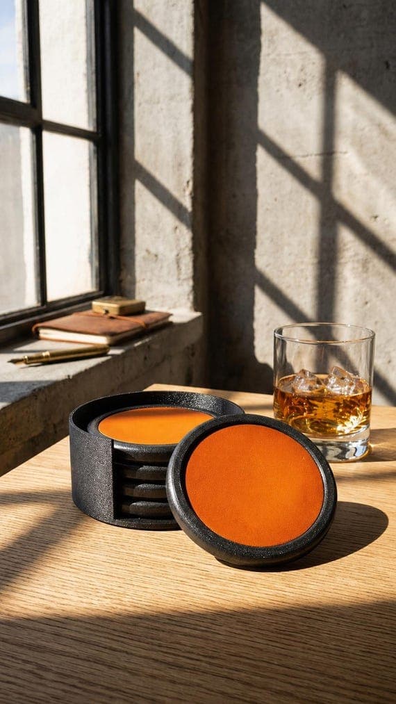 Custom Concrete & Leather Coaster Set